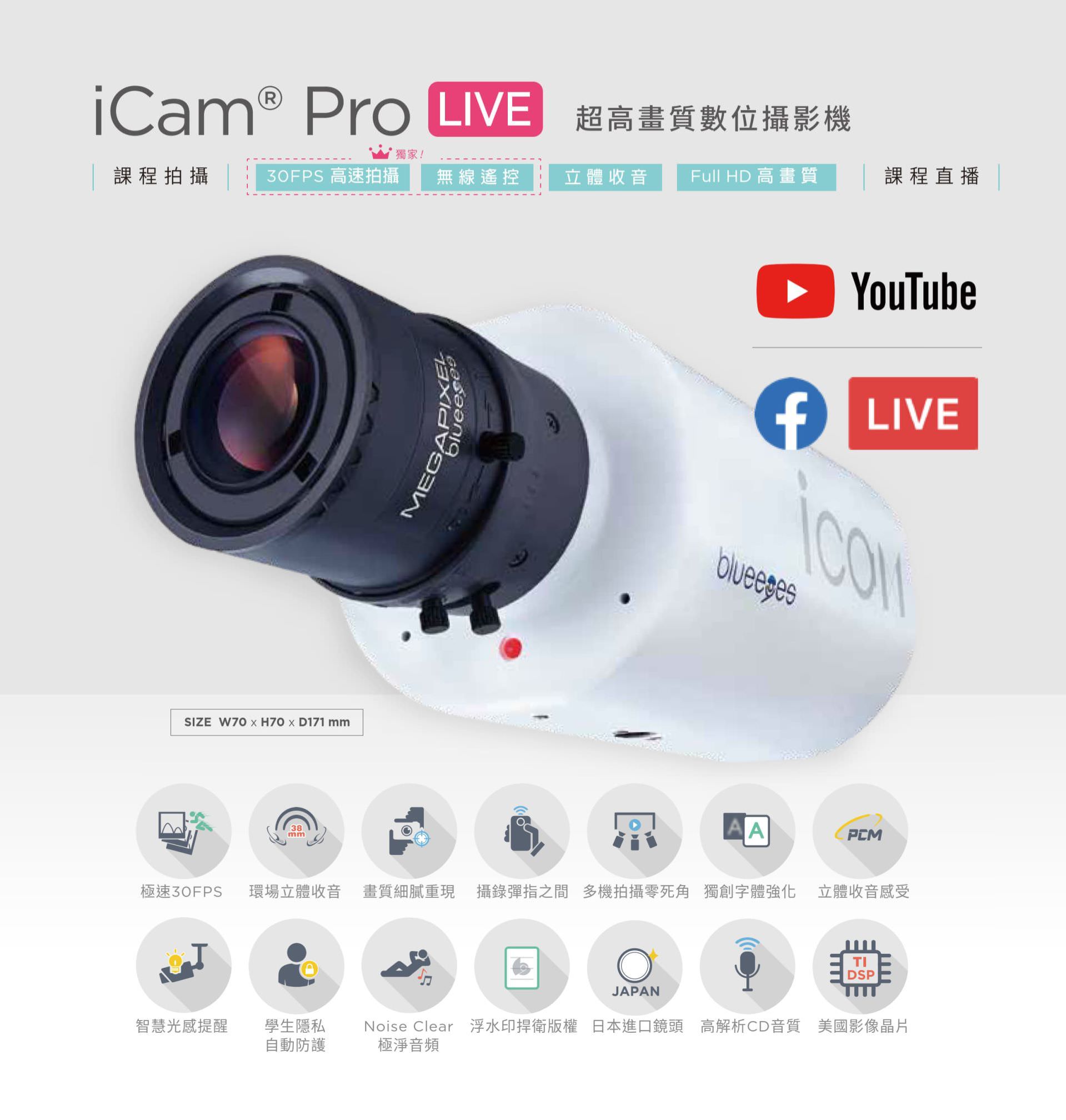iCam Pro LIVE 超高畫質數位攝影機支援 Full HD 高畫質與 30FPS 高速拍攝，搭載日本進口鏡頭與美國影像晶片，具備環場立體收音、智慧曝光控制、學生隱私遮蔽、Noise Clear 噪音抑制與多機無死角拍攝，支援 YouTube 與 Facebook 課程直播，適合教學錄影、專業直播與多角度拍攝應用，是提升畫質與音質的高效能課程攝影解決方案。